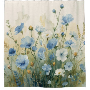 Cottagecore Green Blue Poppies Flower Garden Print Shower Curtain