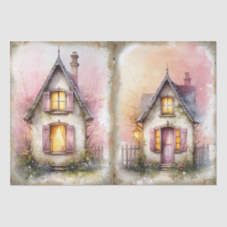 Cottagecore house in pink and glitter watercolor tissue paper