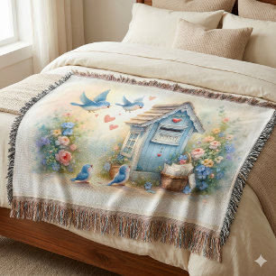 Cottagecore Love Letters Bluebird Mailbox Throw Blanket