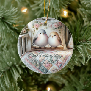 Cottagecore Lovebird Floral Quilt Scene Ceramic Tree Decoration