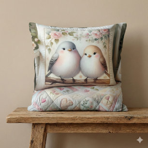 Cottagecore Lovebird Floral Quilt Scene Cushion