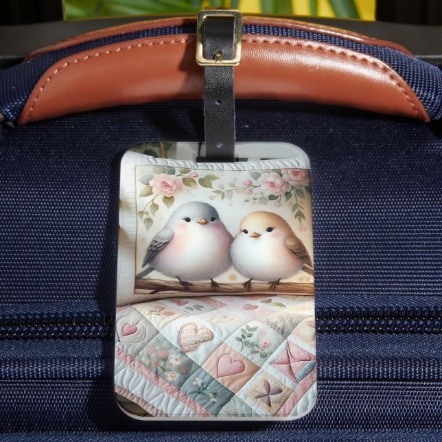 Cottagecore Lovebird Floral Quilt Scene Luggage Tag (Front Insitu 2)