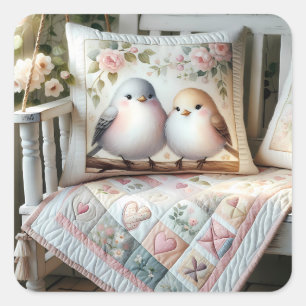 Cottagecore Lovebird Floral Quilt Scene Square Sticker