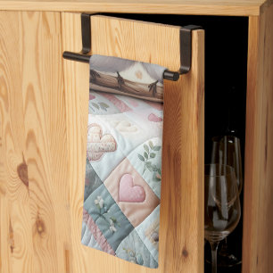 Cottagecore Lovebird Floral Quilt Scene Tea Towel