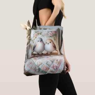 Cottagecore Lovebird Floral Quilt Scene Tote Bag