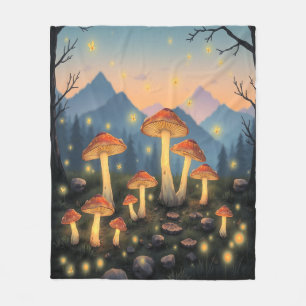 Cottagecore Luminescent Mushrooms and Fireflys Fleece Blanket