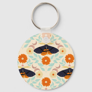 Cottagecore Moth Pattern Art Retro Floral Design Key Ring