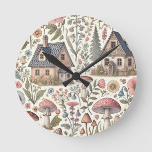 Cottagecore Mushroom and Floral Pattern Round Clock