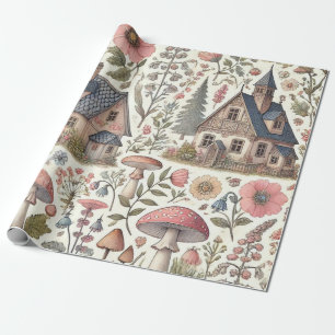 Cottagecore Mushroom and Floral Pattern Wrapping Paper