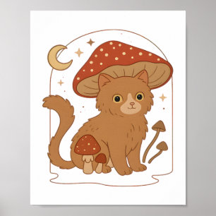 Cottagecore Mushroom Cat with Hat – Cute Vintage G Poster