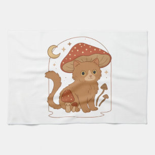 Cottagecore Mushroom Cat with Hat � Cute Vintage G Tea Towel