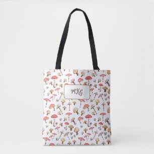 Cottagecore Mushroom Pattern Monogram Boho Tote Bag
