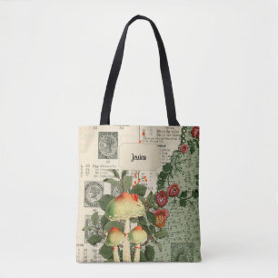 Cottagecore Mushroom Vintage Floral Ephemera Name  Tote Bag