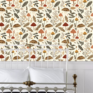 Cottagecore Mushrooms and Leaves Wallpaper
