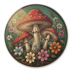 Cottagecore Mushrooms and Wildflowers Ceramic Knob