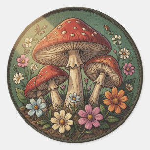 Cottagecore Mushrooms and Wildflowers Classic Round Sticker