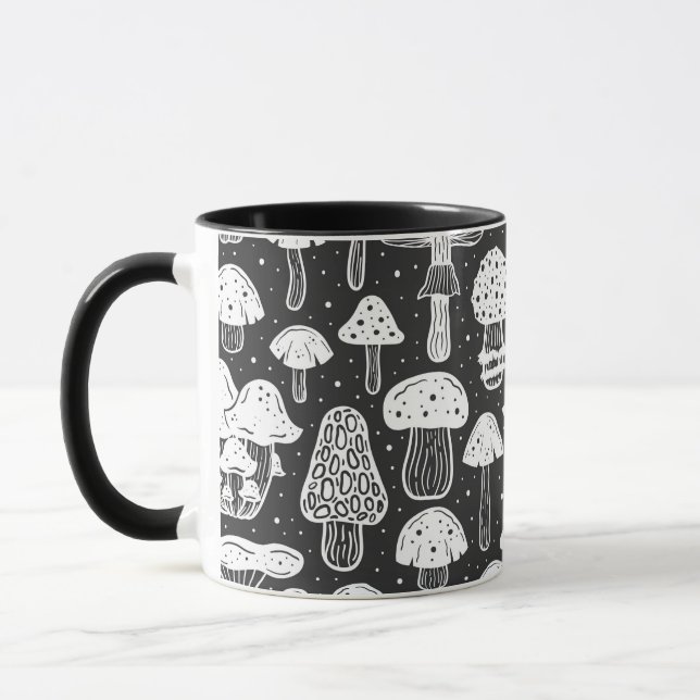 Cottagecore Mushrooms Black And White Coffee Mug (Left)