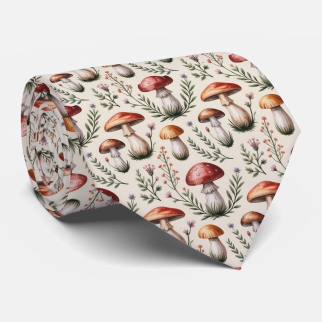 Cottagecore Mushrooms Pattern Tie (Rolled)