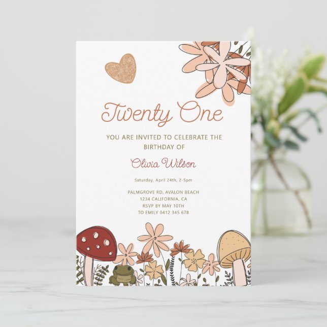 Cottagecore Mushrooms & Wildflowers Birthday Invitation (Standing Front)