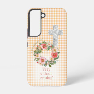 Cottagecore Orange Check Rose Wreath Cross Faith Samsung Galaxy Case