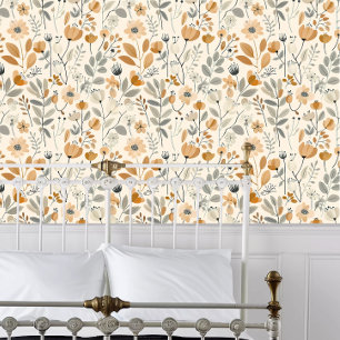 Cottagecore Orange Flowers & Grey Leaves Wallpaper