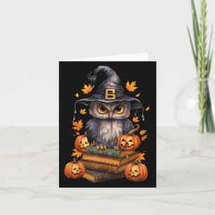 Cottagecore Owl Witch Hat On Book Pumpkin Hallowee Card