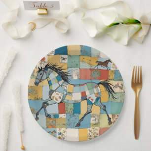 Cottagecore Patchwork Horse Floral Colour Block Paper Plate