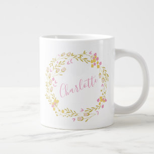 Cottagecore Pink Green Dainty Floral Wreath Name Large Coffee Mug
