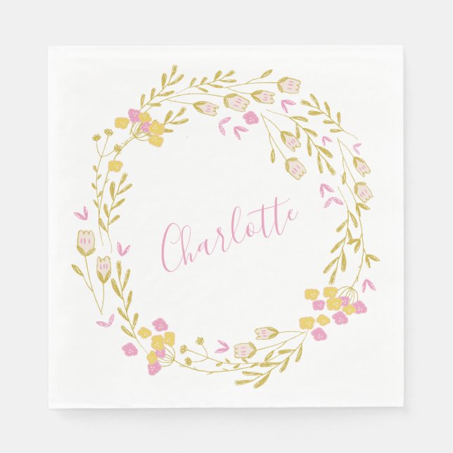 Cottagecore Pink Green Dainty Floral Wreath Name  Napkin (Front)