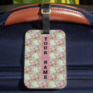 Cottagecore Pink Rose and Lavender Floral Luggage Tag