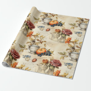 Cottagecore Pumpkin Teacup Autumn Floral Wrapping Paper