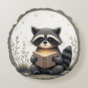 Cottagecore Racoon Reading Book WhimsicalWoodland Round Cushion