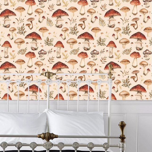 Cottagecore Red Cap Mushrooms Wallpaper (Cottagecore Red Cap Mushrooms Wallpaper behind a white metal bed frame. )