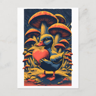 Cottagecore Retro Duckling With Heart and Mushroom Postcard