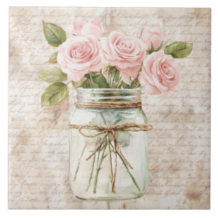 Cottagecore rustic mason jar pink roses farmhouse tile