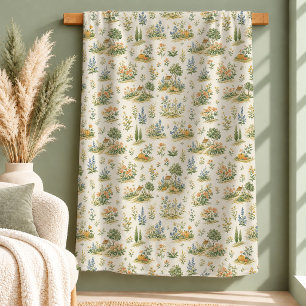 Cottagecore Sage Watercolor Flowers Throw Blanket 