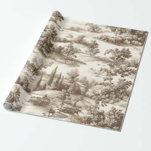 Cottagecore Sepia Harvest Pumpkin Toile Pattern Wrapping Paper