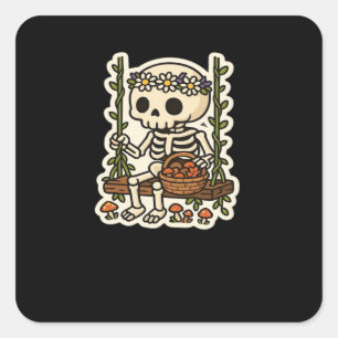 Cottagecore Skeleton With Flower Crown Square Sticker
