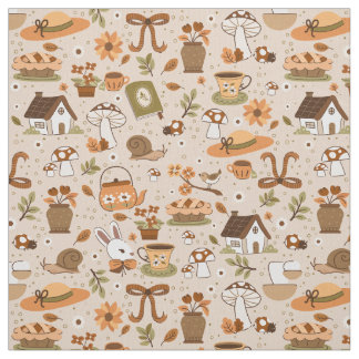 cottagecore snail mushrooms tea rustic beige fabric