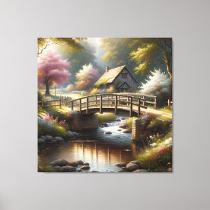 Cottagecore Spring Bridge Cottage Scene  Canvas Print