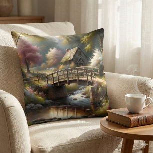 Cottagecore Spring Bridge Cottage Scene Cushion