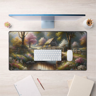 Cottagecore Spring Bridge Cottage Scene Desk Mat