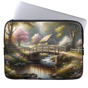 Cottagecore Spring Bridge Cottage Scene Laptop Sleeve