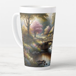 Cottagecore Spring Bridge Cottage Scene Latte Mug