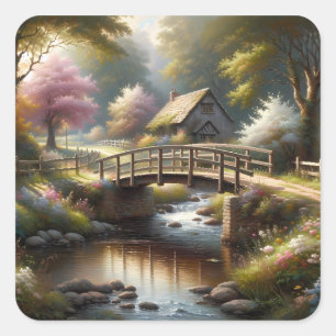 Cottagecore Spring Bridge Cottage Scene Square Sticker