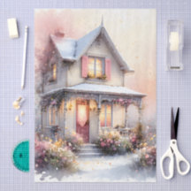 Cottagecore Spring Home in Blossom in Watercolor