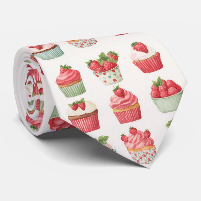 Cottagecore Strawberry Cupcake Necktie (Rolled)