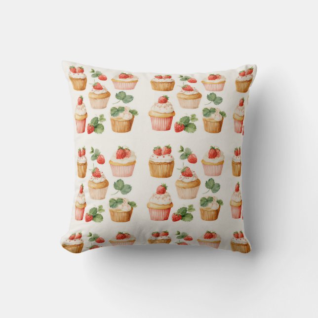 Cottagecore Strawberry Cupcake Throw Pillow (Front)