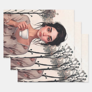 Cottagecore Tea Woman Wrapping Paper Sheets