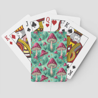 Cottagecore Teal Enchanted Forest Mushroom Pattern Playing Cards